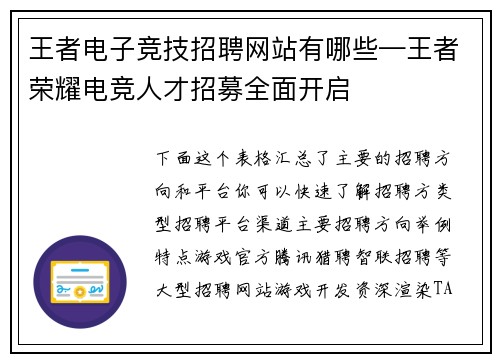 王者电子竞技招聘网站有哪些—王者荣耀电竞人才招募全面开启